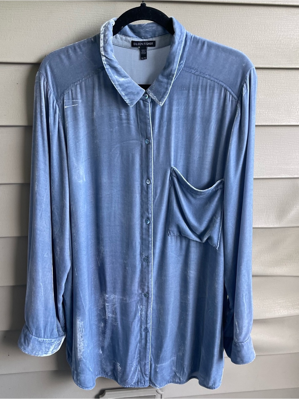 Eileen Fisher Classic Collar Blue Velvet Long Sleeve Button-Up Tunic Size XL